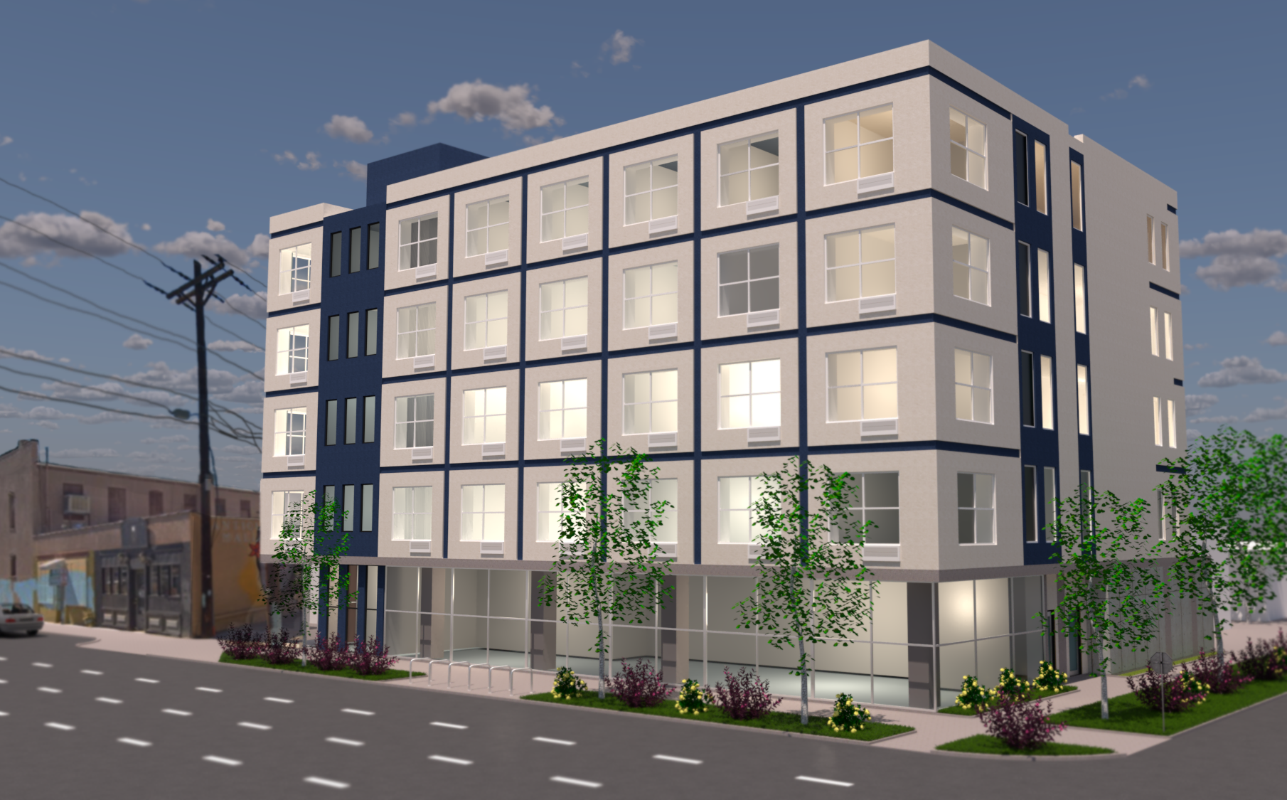 Exterior rendering of Blue Room House One showing apartments above a street-level base.